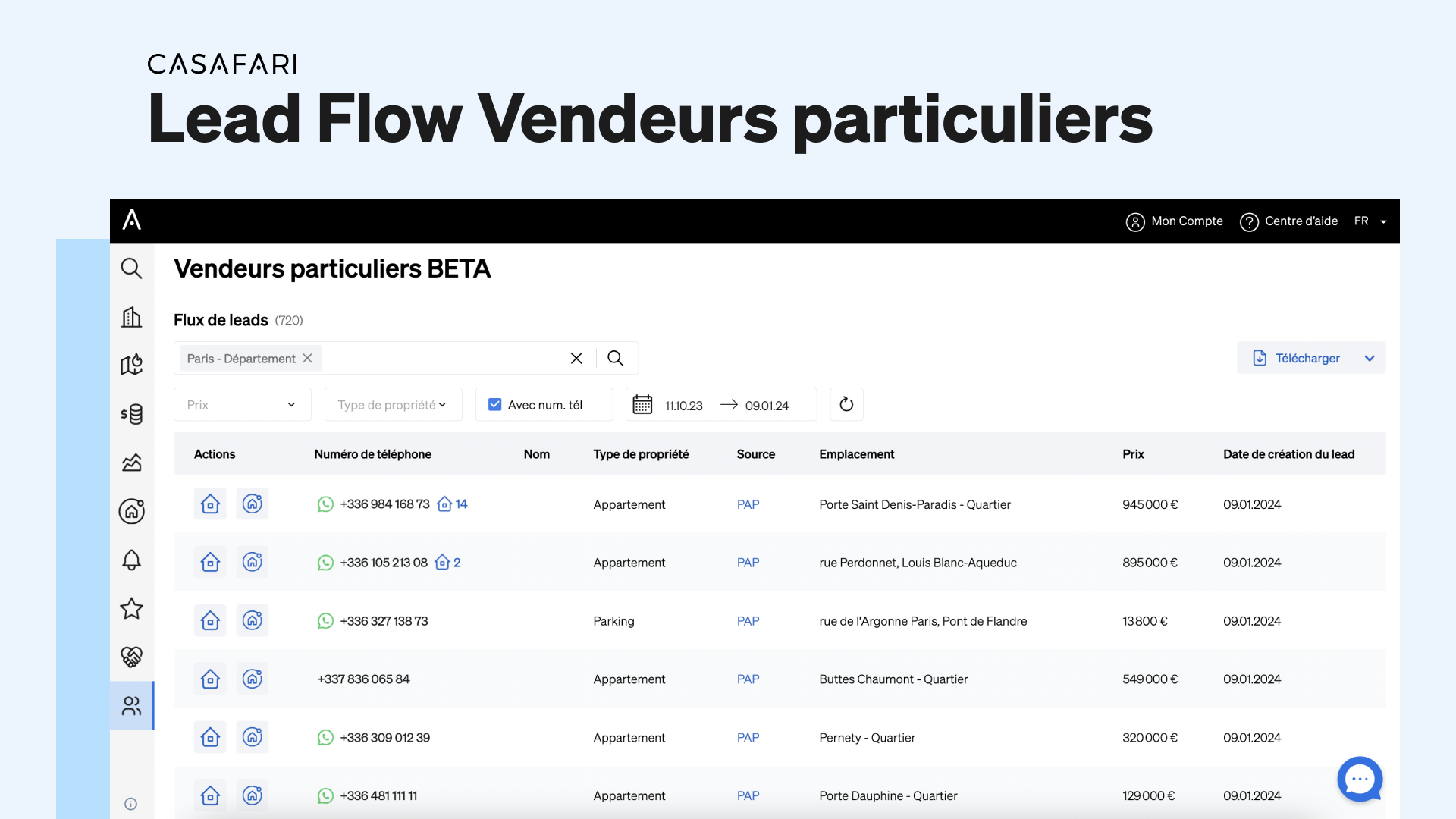 Lead Flow Vendeurs Particuliers de CASAFARI