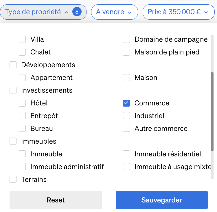 Différents types de biens immobiliers dans les filtres de recherche de biens immobiliers de CASAFARI