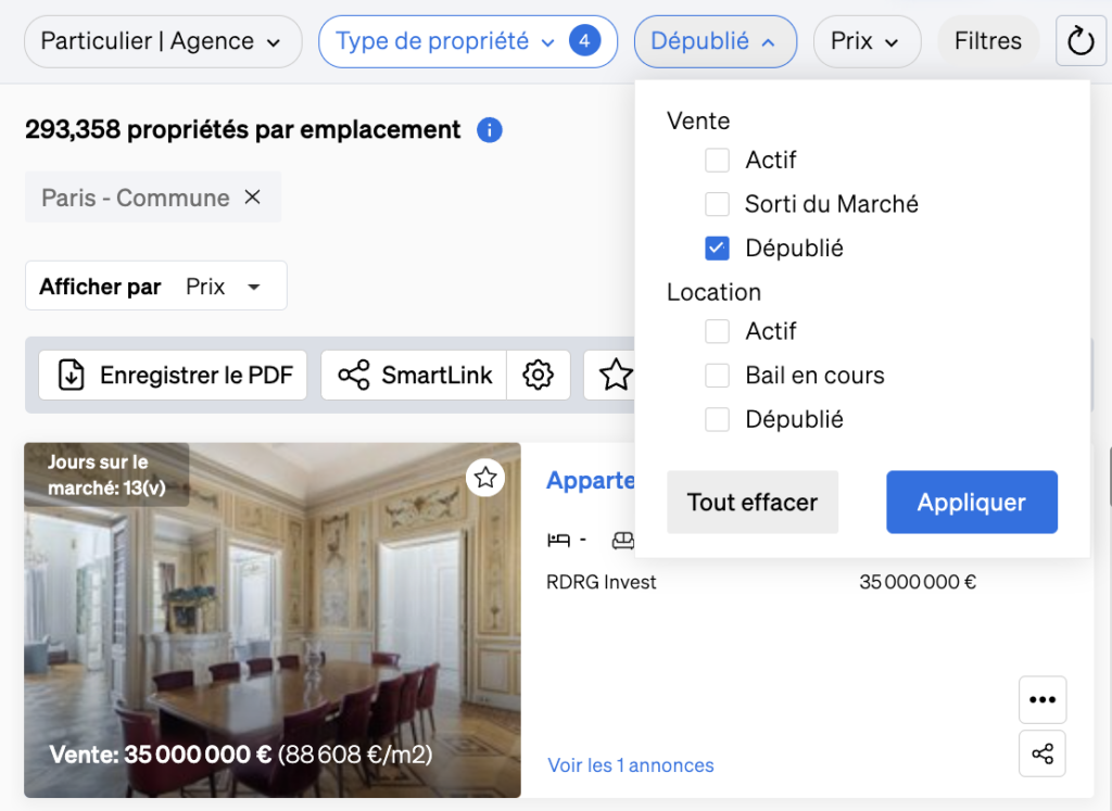 les biens retirés de la liste dans le cadre du de la Recherche Immobilier de CASAFARI, une information utile aux agents immobiliers pour voir ce qui s'est vendu de similaire à leur portefeuille.