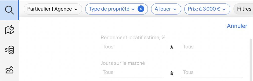 Filtre de rendement locatif dans la recherche de biens immobiliers de CASAFARI