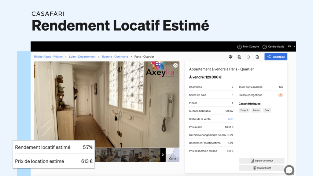 Rendement locatif dans la recherche de biens immobiliers de CASAFARI