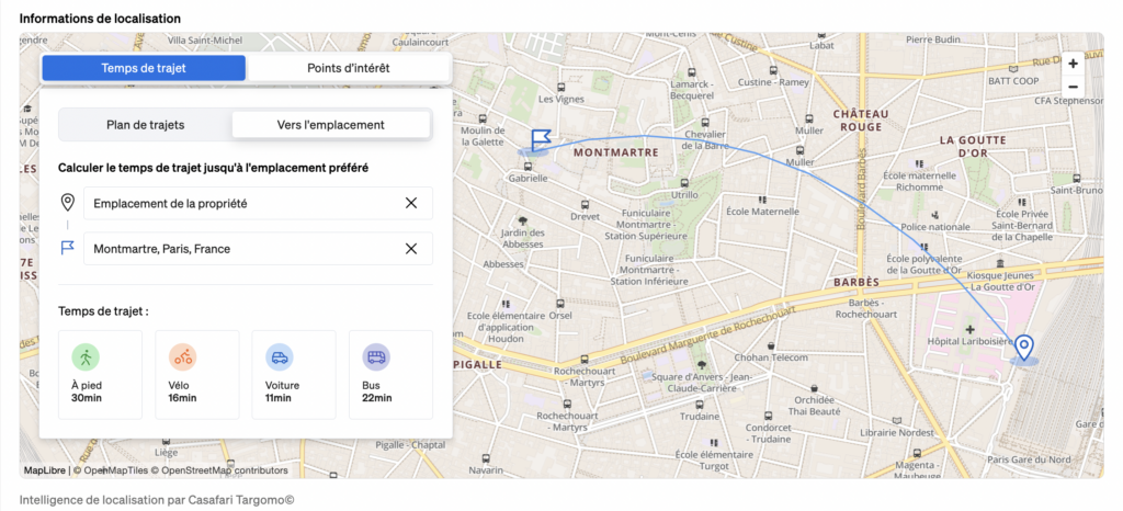 Carte avec les points d'intérêt autour de la propriété et les temps de trajet