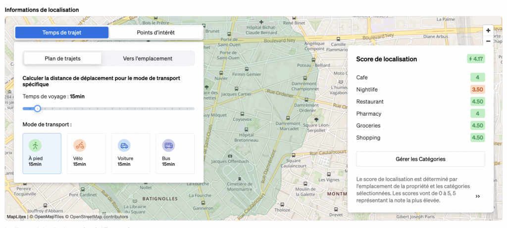 Module “Information sur les Environs” montrant la qualité des zones environnantes d'une propriété