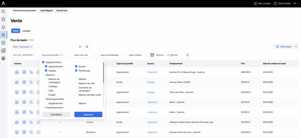 Filtrage par type de bien dans le Lead Flow de CASAFARI