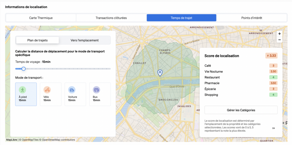 Module “Information sur les Environs” montrant la qualité des zones environnantes d'une propriété