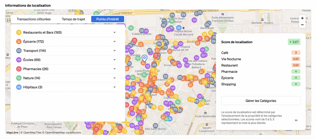 Points d'intérêt dans les environs indiqués à l'intérieur du widget d'information sur la localisation de CASAFARI