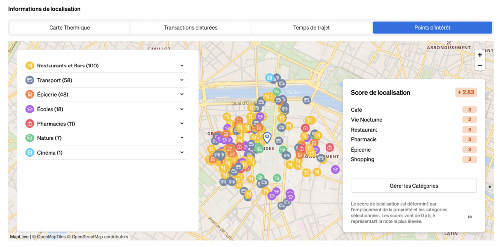 Points d'intérêt dans les environs indiqués à l'intérieur du widget d'information sur la localisation de CASAFARI