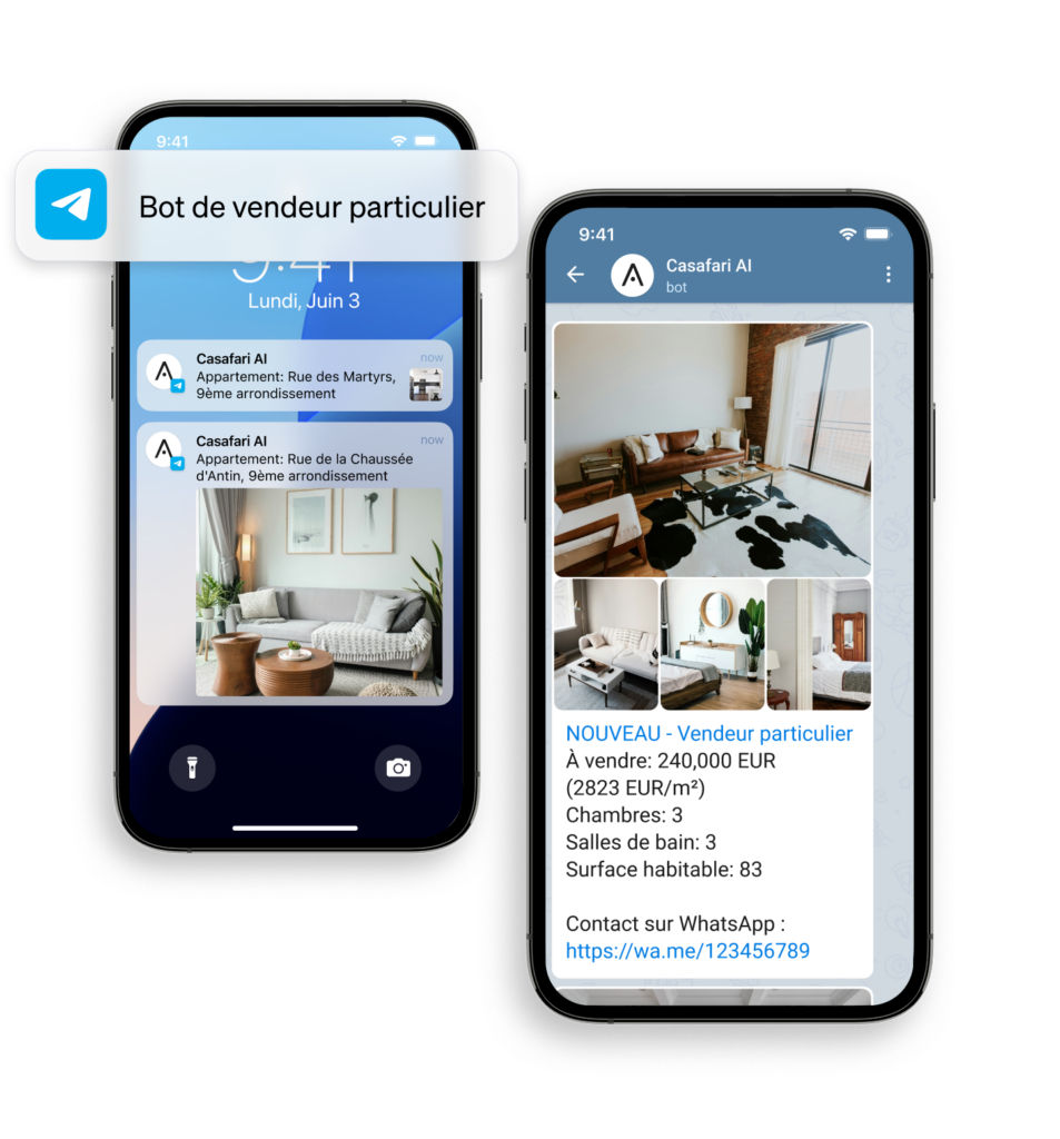 être informé des nouveaux biens sur le marché vendus par des vendeurs privés grâce au bot de CASAFARI AI pour WhatsApp et Telegram